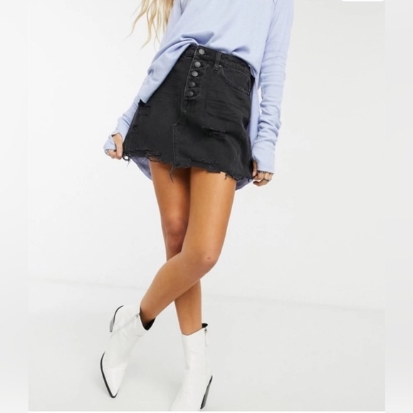 We The Free Black Distressed Denim Mini Skirt - Picture 1 of 10